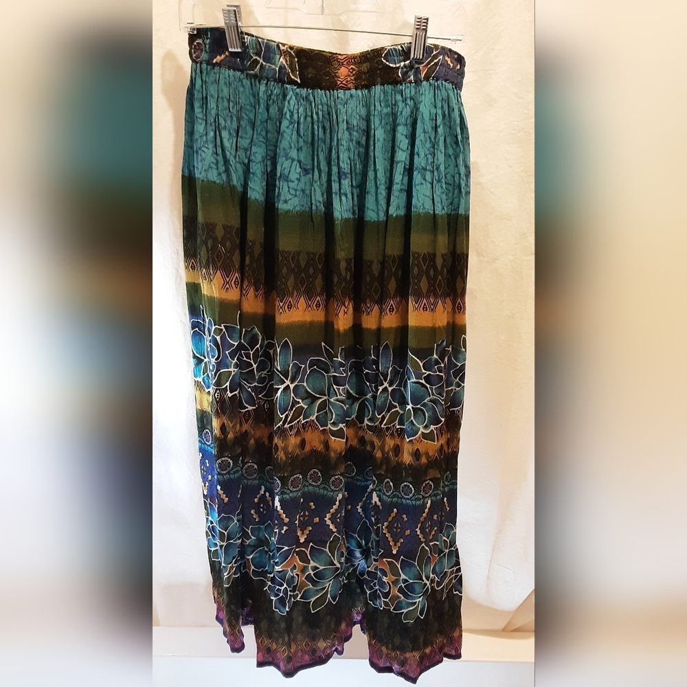 Bohemian Teal & Blue Floral Tiered Maxi Skirt